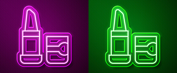Glowing neon line Lipstick icon isolated on purple and green background. Vector.