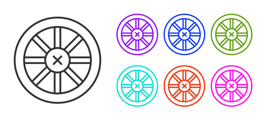 Black line Old wooden wheel icon isolated on white background. Set icons colorful. Vector.