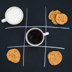 Coffee and cookies Tic Tac Toe game. Coffee break concept, top view