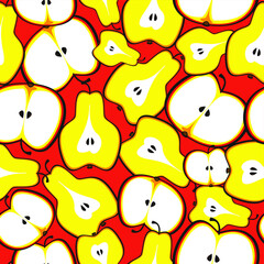 Vector seamless pattern of cut pears and apples on a red background.  - 362402085