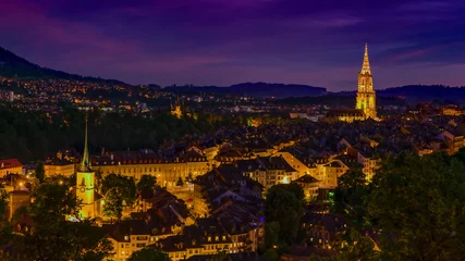 Fotobehang Panorama von Bern Altstadt, Schweiz, Nacht © getti