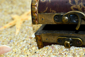 A treasure chest on the beach by the sea.