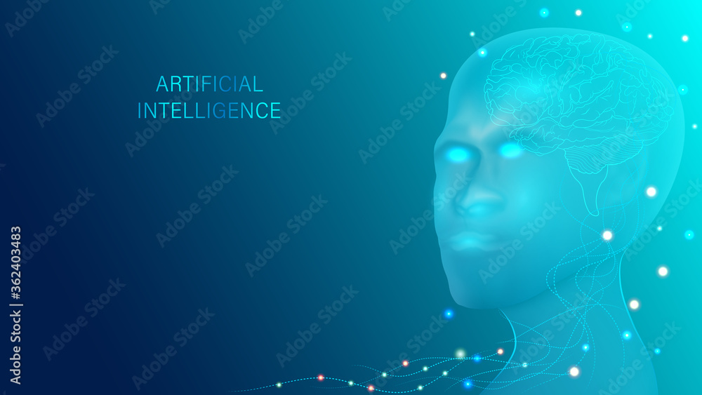 Poster artificial intelligence in humanoid head with neural network thinks. ai with digital brain is learni