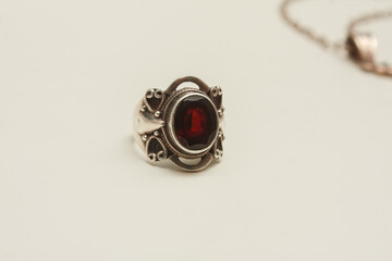 Silver set of earrings and rings with natural red garnet stone, pendant in the shape of a lizard with transparent zircon on a white background.