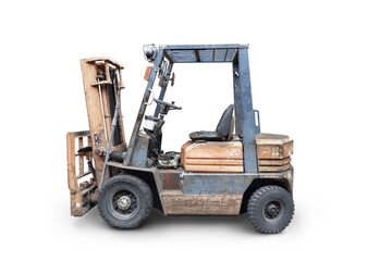 Forklift truck isolated on white background.Side view of yellow Fork hoist.Diesel counterbalance...