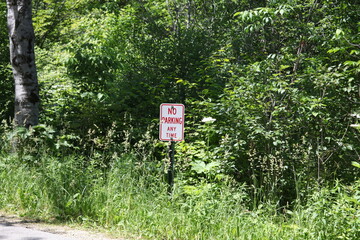 NO PARKING SIGN, IN THE WOODS