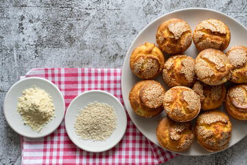 Top view on corn bread muffins in a plate for breakfast - Baked cornbread pone fresh organic vegetarian food - Healthy eating traditional cuisine concept