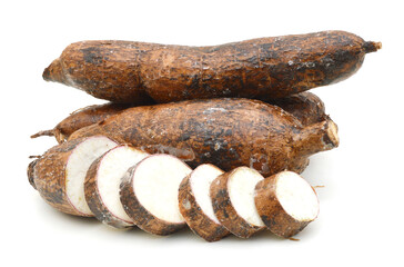 Close up view of the cassava root isolated on a white background.