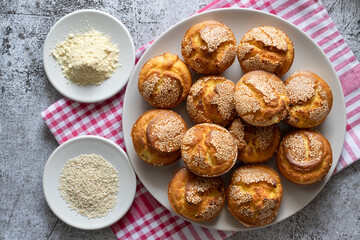 Top view on corn bread muffins in a plate for breakfast - Baked cornbread pone fresh organic vegetarian food - Healthy eating traditional cuisine concept