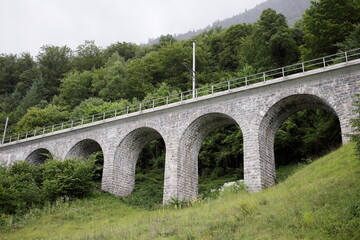 A beautiful road bridge with arches is surrounded by greenery
