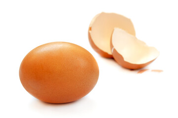 Brown egg and eggshell close-up isolated on a white background. Whole egg and eggshell on a white background. Broken shell with a whole egg isolated on a white background.