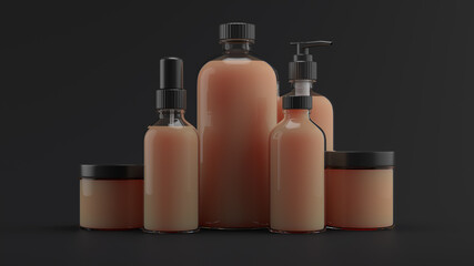 3d render of beauty bottles. Cosmetic bottle 3d background. Set of body care flasks with abstract liquid on dark background...