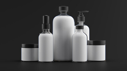 3d render of beauty bottles. Cosmetic bottle 3d background. Set of body care flasks with abstract liquid on dark background...