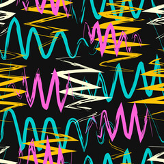 vector rough colorful zigzag lines brush stroke overlap seamless pattern on black