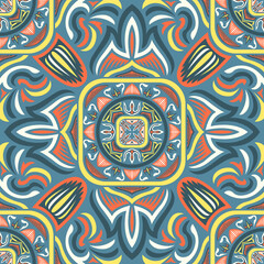 contemporary ethnic floral and leaves pattern on blue grey