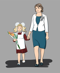A first-grader walks her hand with her teacher. September 1. First time in first grade. Schoolboy and teacher at the festival. Illustration, vector.