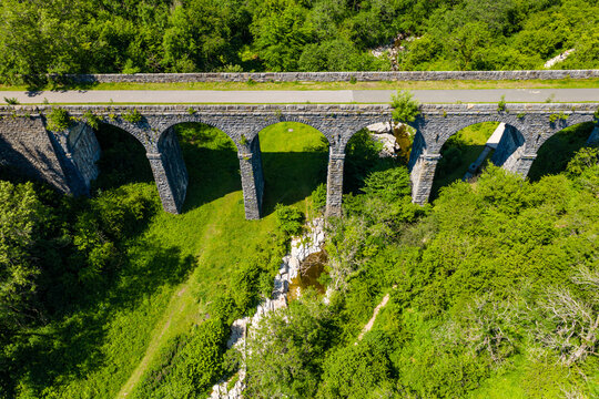 Aerial view of Pontsarn Viaduct near Morlais and Merthyr Tydfil in South Wales. The viaduct is now part of the Taff Trail walking and cycle network
