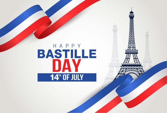Happy Bastille Day, 14th of July, holiday greeting card in colors of the national flag of France with Eiffel tower and lettering. Vector illustration.