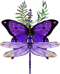 dragonfly and butterfly purple print vector illustration