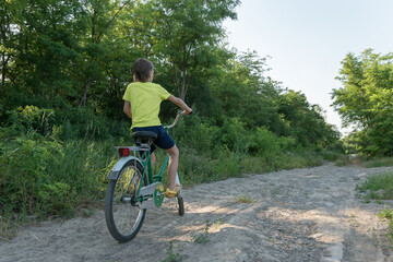 boy is riding big bicycle on countyside road in green forest. Happy childhood and summer vacation concept. Cop space for text.