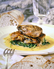 partridge with mustard sauce and vegetables