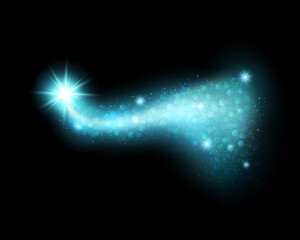 Magic blue sparkle on black isolated background, with shiny dust. Mica and bokeh effects. Magical design decoration element.