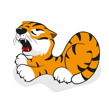 Funny and cute tiger cub, yawns and stretches. Vector illustration isolated on a white background.