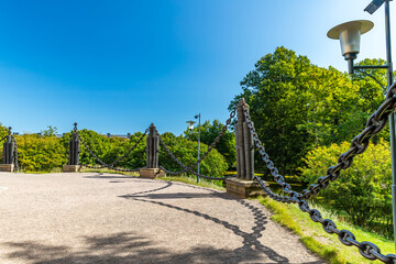 Suomenlinna church and lighthouse canons and anchor chain fence near Helsinki, Finland