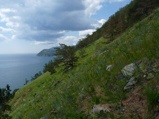 Fototapeta premium Russia, Lake Baikal. Trekking along Lake Baikal through the mountain. Beautiful views of the largest freshwater lake in the world and mountain view.