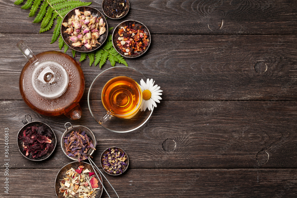 Wall mural Various herbal tea, teapot and cup