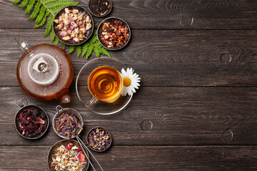 Various herbal tea, teapot and cup