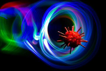 Virus with Neon Swirls Background. Suitable for futuristic science application and eye catching articles on COVID-19, Coronavirus, Flu epidemic and other disease.
