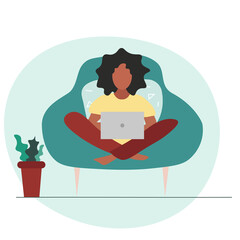 Young black women, girl sitting in a chair at home and working, surfing on the computer vector illustration.