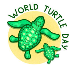 Round emblem - two green turtles crawling on the sand, World Turtles Day