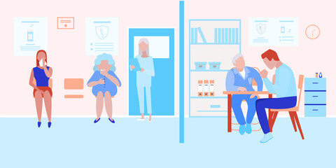 Medicine concept with doctor and patients in flat style on hospital hall background. 