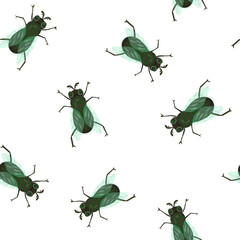 Seamless insect pattern. Lots of flies.  For paper, cover, fabric, gift wrapping, wall art, interior decor. Vector
