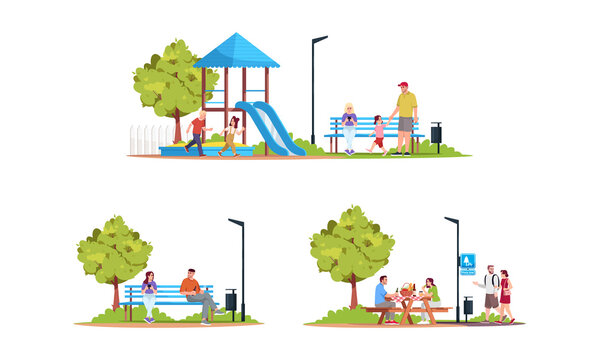 People in recreation area semi flat RGB color vector illustrations set. Couple on a picnic. Children playing in playground. Isolated cartoon characters collection on white background