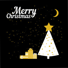 Fototapeta premium Decorated christmas tree with lots of gift boxes. Modern flat style vector illustration. Elegant black gold color. 