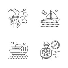 Popular vacation activities pixel perfect linear icons set. Cruise, yachting, insta tourism and safari customizable thin line contour symbols. Isolated vector outline illustrations. Editable stroke
