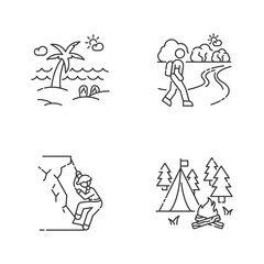 Outdoor recreation pixel perfect linear icons set. Seaside resort, hiking mountaineering and camping customizable thin line contour symbols. Isolated vector outline illustrations. Editable stroke