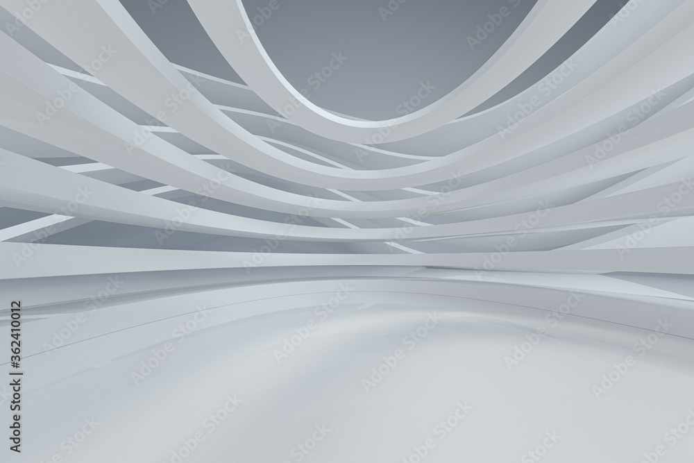 Poster white curve geometry with empty ground, 3d rendering.