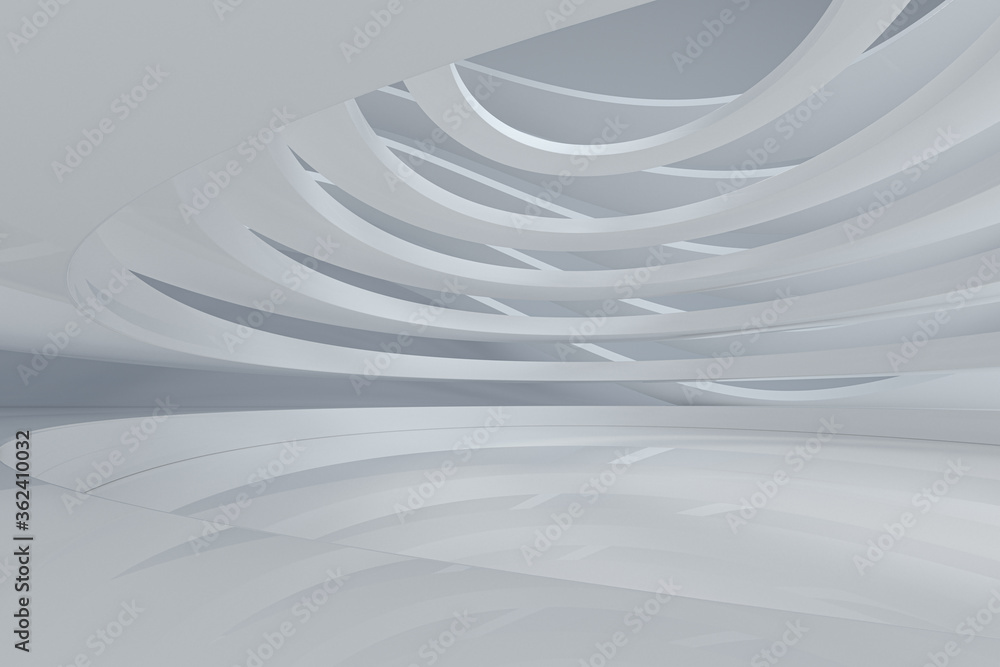 Poster white curve geometry with empty ground, 3d rendering.