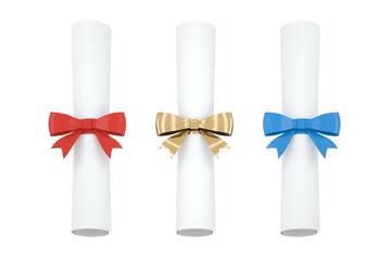 Diploma, paper scroll with red ribbon on white background, 3d rendering.