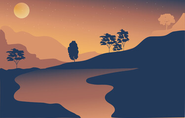 Vector illustration of a beautiful evening mountain landscape with fog and forest