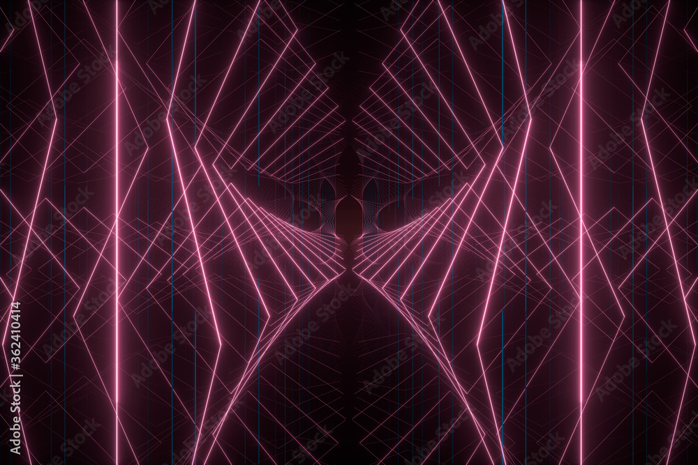 Poster glowing lines in the dark tunnel, 3d rendering.