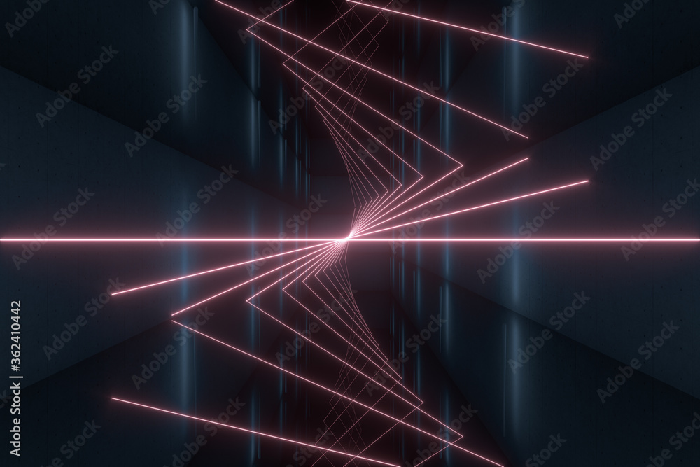 Poster glowing lines in the dark tunnel, 3d rendering.