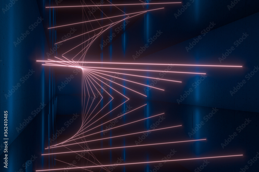 Poster glowing lines in the dark tunnel, 3d rendering.