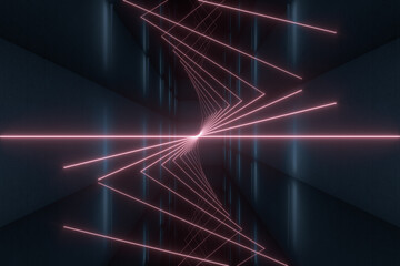 Glowing lines in the dark tunnel, 3d rendering.