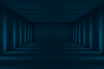 Blue dark tunnel with lights aside, 3d rendering.
