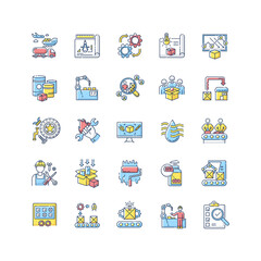 Production process RGB color icons set. Manufacturing industry. Commercial product development and mass production technologies. Isolated vector illustrations